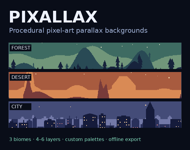 Pixallax product preview showing layered pixel-art scenery