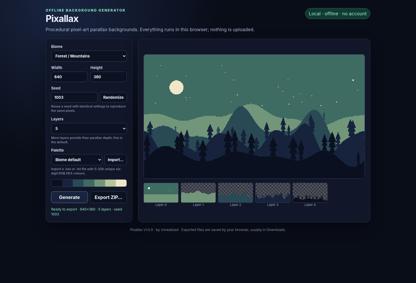 Pixallax interface with the scene controls and a generated forest background